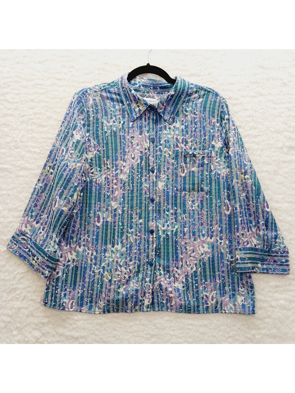 Blouse Button-Up Purple Blue Striped Preppy Coastal Watercolor Fairycore Size L